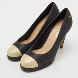 Chanel Black/Beige Nubuck Leather CC Cap Toe Platform Pumps Size 37.5