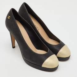 Chanel Black/Beige Nubuck Leather CC Cap Toe Platform Pumps Size 37.5