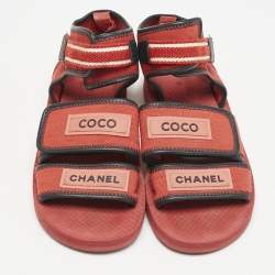 Pre Owned Chanel Red/Black Fabric and Leather Coco Chanel Strap Flat Sandals Size 37