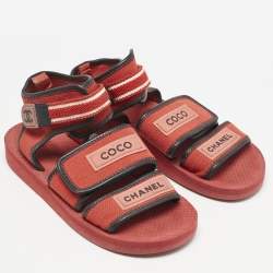 Pre Owned Chanel Red/Black Fabric and Leather Coco Chanel Strap Flat Sandals Size 37