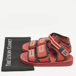 Pre Owned Chanel Red/Black Fabric and Leather Coco Chanel Strap Flat Sandals Size 37