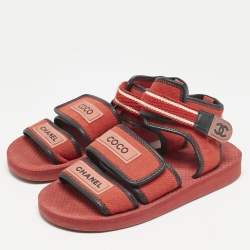 Pre Owned Chanel Red/Black Fabric and Leather Coco Chanel Strap Flat Sandals Size 37
