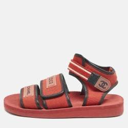 Pre Owned Chanel Red/Black Fabric and Leather Coco Chanel Strap Flat Sandals Size 37