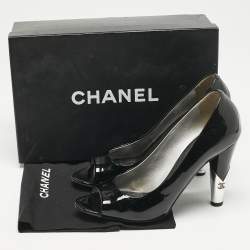 Chanel Black  Patent Leather CC Pearl Embellished Peep Toe Pumps Size 38.5