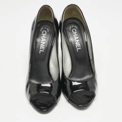 Chanel Black  Patent Leather CC Pearl Embellished Peep Toe Pumps Size 38.5