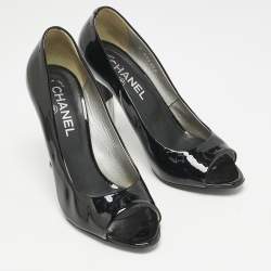 Chanel Black  Patent Leather CC Pearl Embellished Peep Toe Pumps Size 38.5