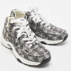 Pre Owned Chanel Grey/White Fabric Lace Up Sneakers Size 37