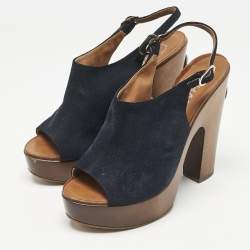 Chanel Navy Blue Suede Slingback Clogs Size 38