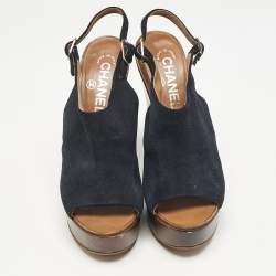 Chanel Navy Blue Suede Slingback Clogs Size 38