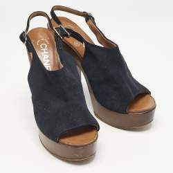 Chanel Navy Blue Suede Slingback Clogs Size 38