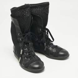 Chanel Black Leather and Mesh Mid Calf Boots Size 39