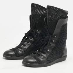 Chanel Black Leather and Mesh Mid Calf Boots Size 39