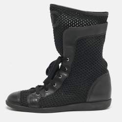 Chanel Black Leather and Mesh Mid Calf Boots Size 39
