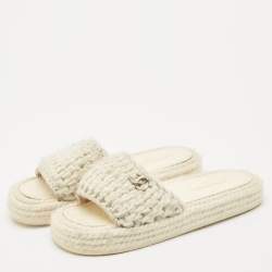 Chanel White/Silver Braided Knit CC Espadrille Flat Slides Size 39