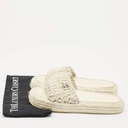 Chanel White/Silver Braided Knit CC Espadrille Flat Slides Size 39