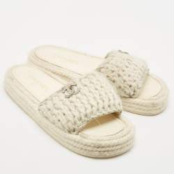 Chanel White/Silver Braided Knit CC Espadrille Flat Slides Size 39