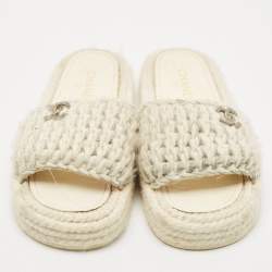 Chanel White/Silver Braided Knit CC Espadrille Flat Slides Size 39