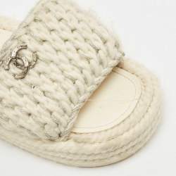 Chanel White/Silver Braided Knit CC Espadrille Flat Slides Size 39