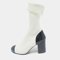 Chanel White/Black Patent Leather and Stretch Fabric CC Sock Ankle Length Boots Size 39.5