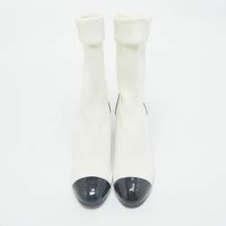 Chanel White/Black Patent Leather and Stretch Fabric CC Sock Ankle Length Boots Size 39.5