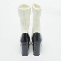 Chanel White/Black Patent Leather and Stretch Fabric CC Sock Ankle Length Boots Size 39.5