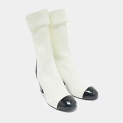 Chanel White/Black Patent Leather and Stretch Fabric CC Sock Ankle Length Boots Size 39.5