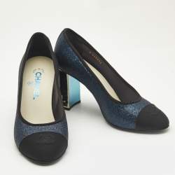 Pre Owned Chanel Navy Blue/Black Canvas and Glitter CC Cap Toe Block Heel Pumps Size 37.5