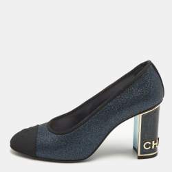 Pre Owned Chanel Navy Blue/Black Canvas and Glitter CC Cap Toe Block Heel Pumps Size 37.5