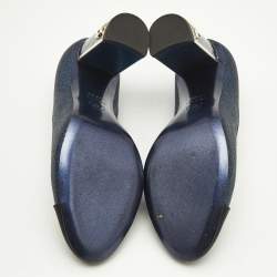 Pre Owned Chanel Navy Blue/Black Canvas and Glitter CC Cap Toe Block Heel Pumps Size 37.5
