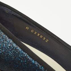 Pre Owned Chanel Navy Blue/Black Canvas and Glitter CC Cap Toe Block Heel Pumps Size 37.5