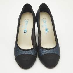 Pre Owned Chanel Navy Blue/Black Canvas and Glitter CC Cap Toe Block Heel Pumps Size 37.5