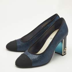 Pre Owned Chanel Navy Blue/Black Canvas and Glitter CC Cap Toe Block Heel Pumps Size 37.5