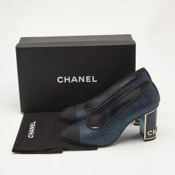 Pre Owned Chanel Navy Blue/Black Canvas and Glitter CC Cap Toe Block Heel Pumps Size 37.5