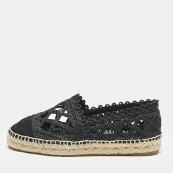 Chanel Black Jute And Canvas CC Cap Toe Espadrilles Flats Size 37