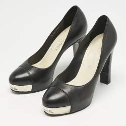 Chanel Black Leather CC Cap Toe Platform Pumps Size 37