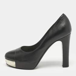 Chanel Black Leather CC Cap Toe Platform Pumps Size 37