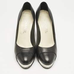 Chanel Black Leather CC Cap Toe Platform Pumps Size 37