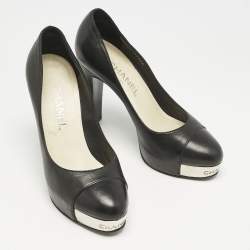Chanel Black Leather CC Cap Toe Platform Pumps Size 37