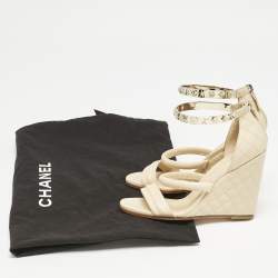 Chanel Beige Quilted Leather Bracelet Ankle Strap Wedge Sandals Size 39