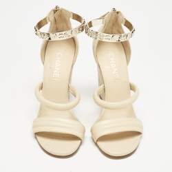 Chanel Beige Quilted Leather Bracelet Ankle Strap Wedge Sandals Size 39