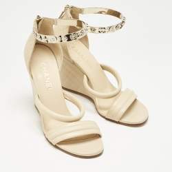 Chanel Beige Quilted Leather Bracelet Ankle Strap Wedge Sandals Size 39