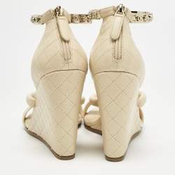 Chanel Beige Quilted Leather Bracelet Ankle Strap Wedge Sandals Size 39