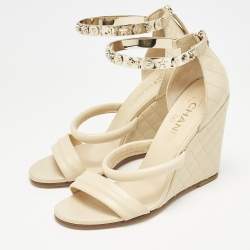 Chanel Beige Quilted Leather Bracelet Ankle Strap Wedge Sandals Size 39