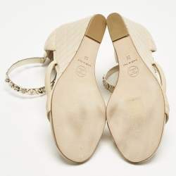 Chanel Beige Quilted Leather Bracelet Ankle Strap Wedge Sandals Size 39