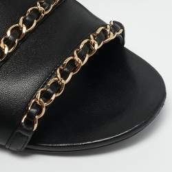Chanel Black Leather CC Chain Link Slingback Flat Sandals Size 36