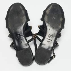 Chanel Black Leather CC Chain Link Slingback Flat Sandals Size 36