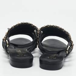 Chanel Black Leather CC Chain Link Slingback Flat Sandals Size 36