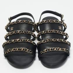 Chanel Black Leather CC Chain Link Slingback Flat Sandals Size 36