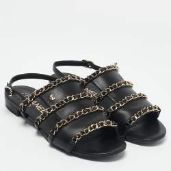 Chanel Black Leather CC Chain Link Slingback Flat Sandals Size 36