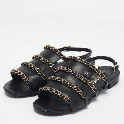 Chanel Black Leather CC Chain Link Slingback Flat Sandals Size 36